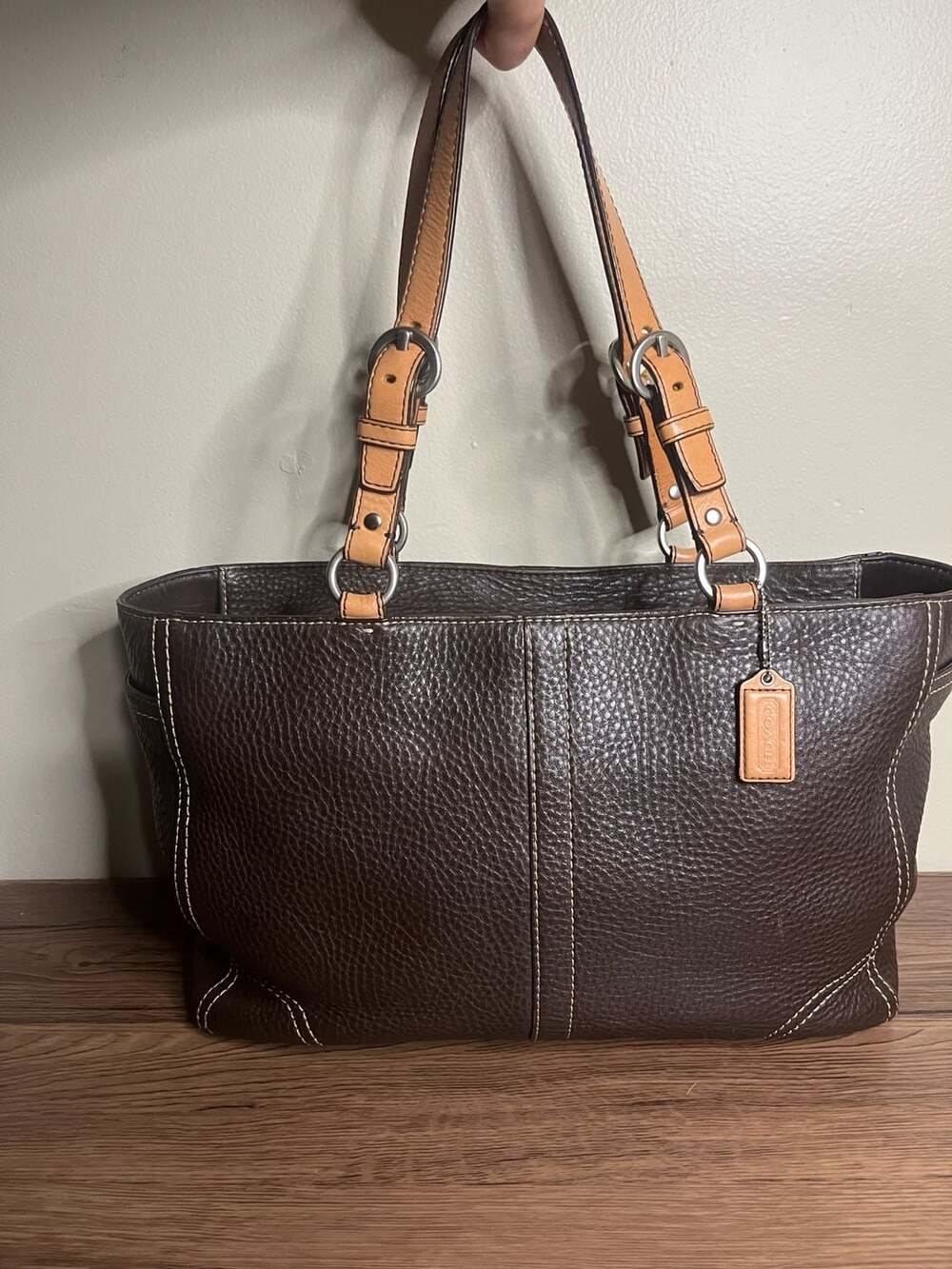 Coach Brown Pebbled Leather Tote Handbag with Tan Straps and Silver Hardware